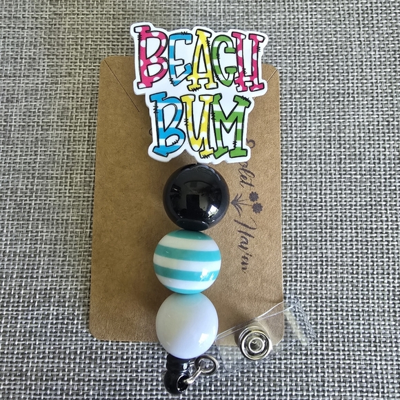 Beach Bum Summer Stripe Polka Dot Beaded Retractable Name Badge ID Reel Holder - Picture 1 of 2